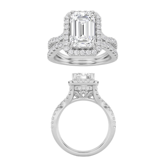 3CTW Emerald Shaped Lab Grown Diamond (F/VS) Split shank Accented Ring in 14K Gold