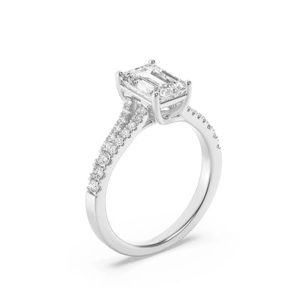 4CTW Emerald Shaped Lab Grown Diamond (F/VS) Split Shank Trellis Engagement Ring in 14K Gold