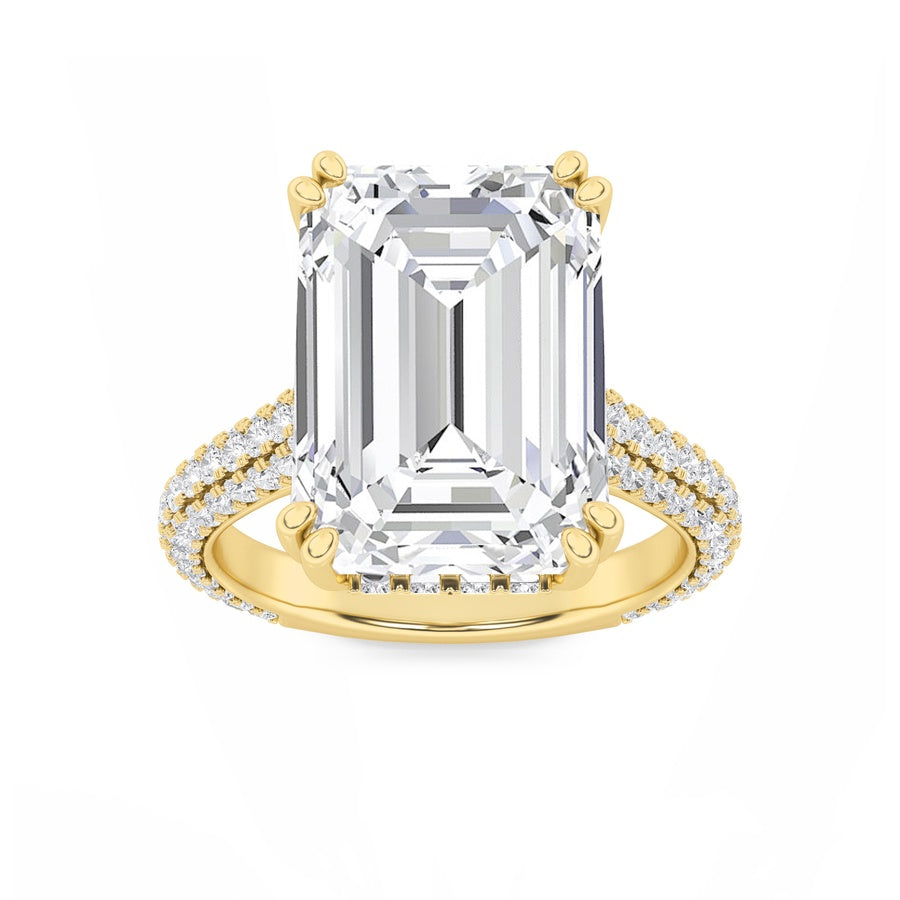 8CTW Emerald Shaped Lab Grown Diamond (F/VS) Bold Accented Engagement Ring in 14K Gold