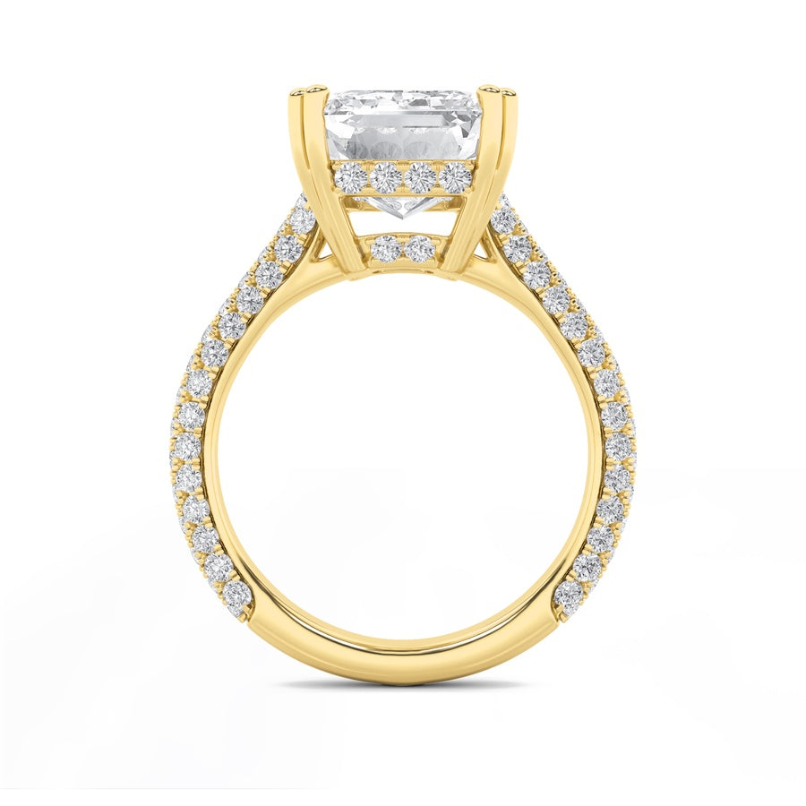 8CTW Emerald Shaped Lab Grown Diamond (F/VS) Bold Accented Engagement Ring in 14K Gold