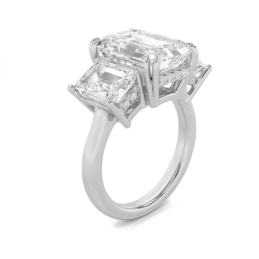 8.25CTW Emerald Shaped Lab Grown Diamond (F/VS) Bold Three Stone Accented Ring in 14K Gold