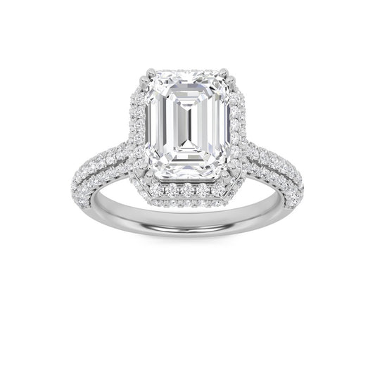 3CTW Emerald Shaped Lab Grown Diamond (F/VS) Halo Accented Engagement Ring in 14K Gold