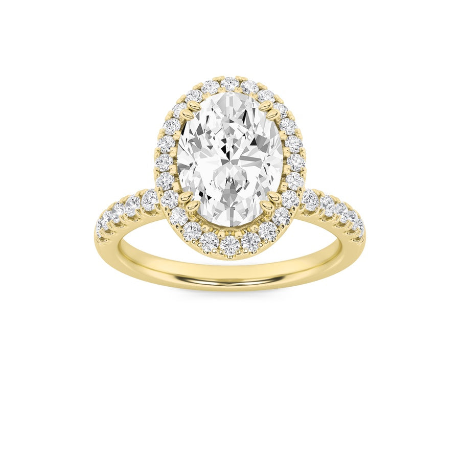 3CTW Oval Shaped Lab Grown Diamond (F/VS) Halo Accented Engagement Ring in 14K Gold