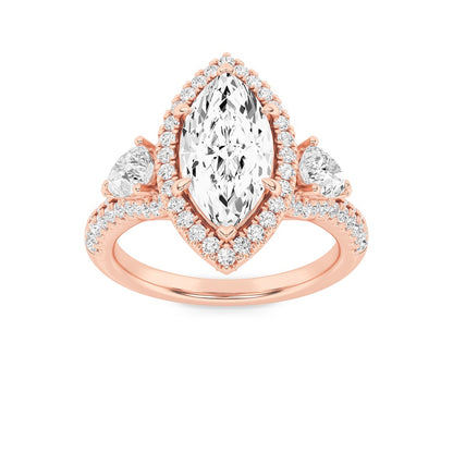 3CTW Marquise Shaped Lab Grown Diamond (F/VS) Three Stone Bold Accented Engagement Ring in 14K Gold