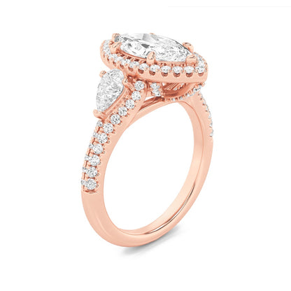 3CTW Marquise Shaped Lab Grown Diamond (F/VS) Three Stone Bold Accented Engagement Ring in 14K Gold