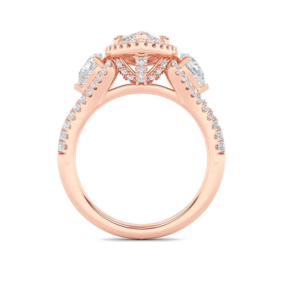 3CTW Marquise Shaped Lab Grown Diamond (F/VS) Three Stone Bold Accented Engagement Ring in 14K Gold