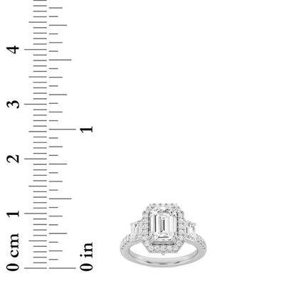 3CTW Emerald Shaped Lab Grown Diamond (G/VS) Three Stone Accented Engagement Ring in 14K Gold