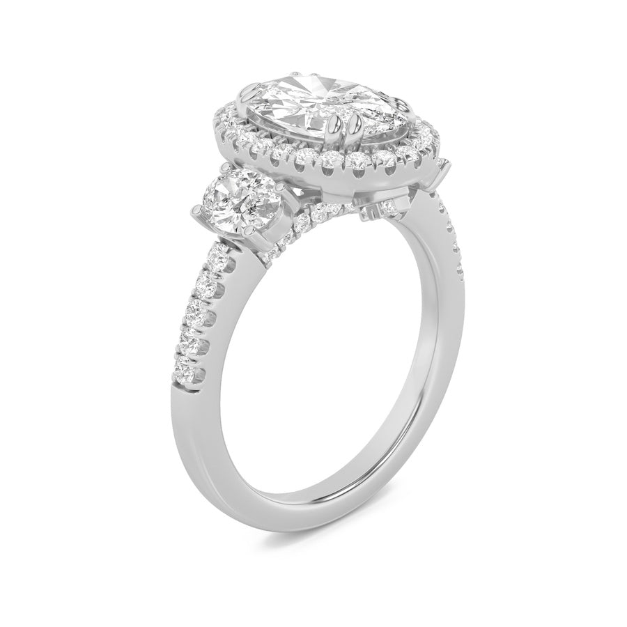3CTW Oval Shaped Lab Grown Diamond (G/VS) Three Stone Accented Engagement Ring in 14K Gold