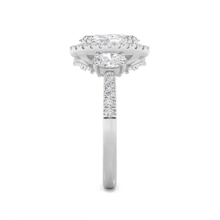 3CTW Oval Shaped Lab Grown Diamond (G/VS) Three Stone Accented Engagement Ring in 14K Gold
