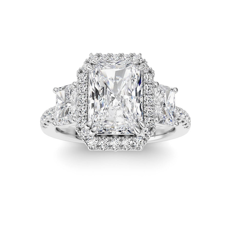 3CTW Radiant Shaped Lab Grown Diamond (F/VS) Accented Three Stone Ring in 14K Gold