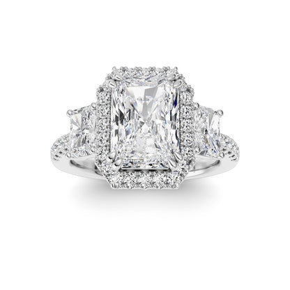3CTW Radiant Shaped Lab Grown Diamond (F/VS) Accented Three Stone Ring in 14K Gold