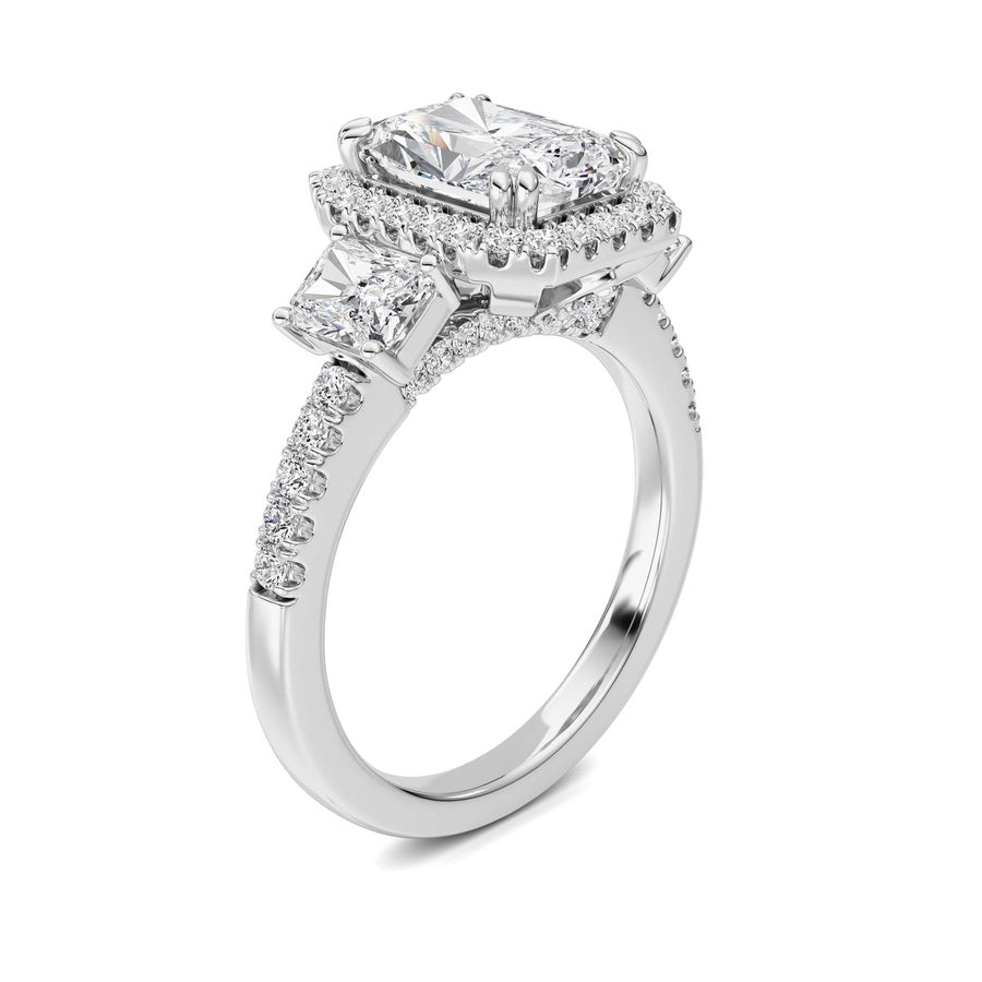 3CTW Radiant Shaped Lab Grown Diamond (F/VS) Accented Three Stone Ring in 14K Gold