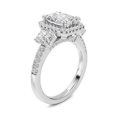 3CTW Radiant Shaped Lab Grown Diamond (F/VS) Accented Three Stone Ring in 14K Gold