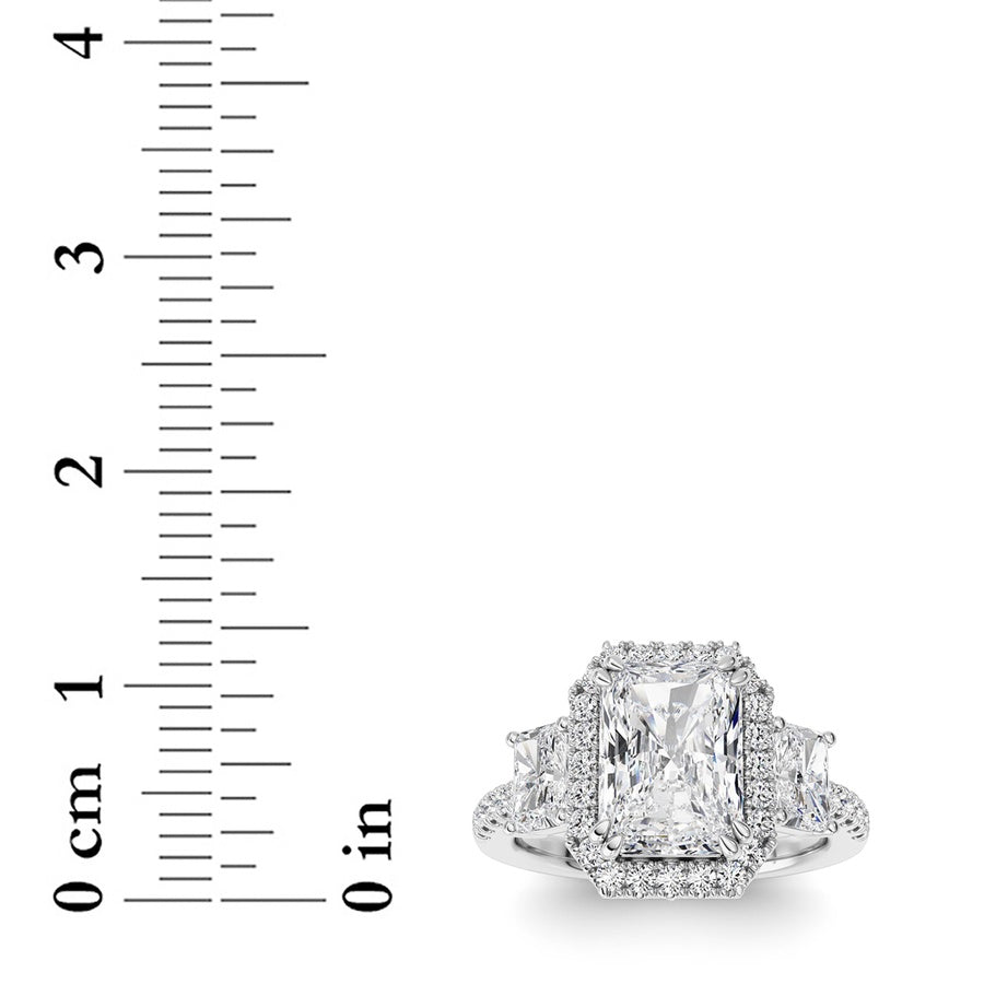 3CTW Radiant Shaped Lab Grown Diamond (F/VS) Accented Three Stone Ring in 14K Gold
