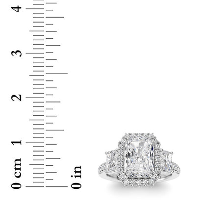 3CTW Radiant Shaped Lab Grown Diamond (F/VS) Accented Three Stone Ring in 14K Gold