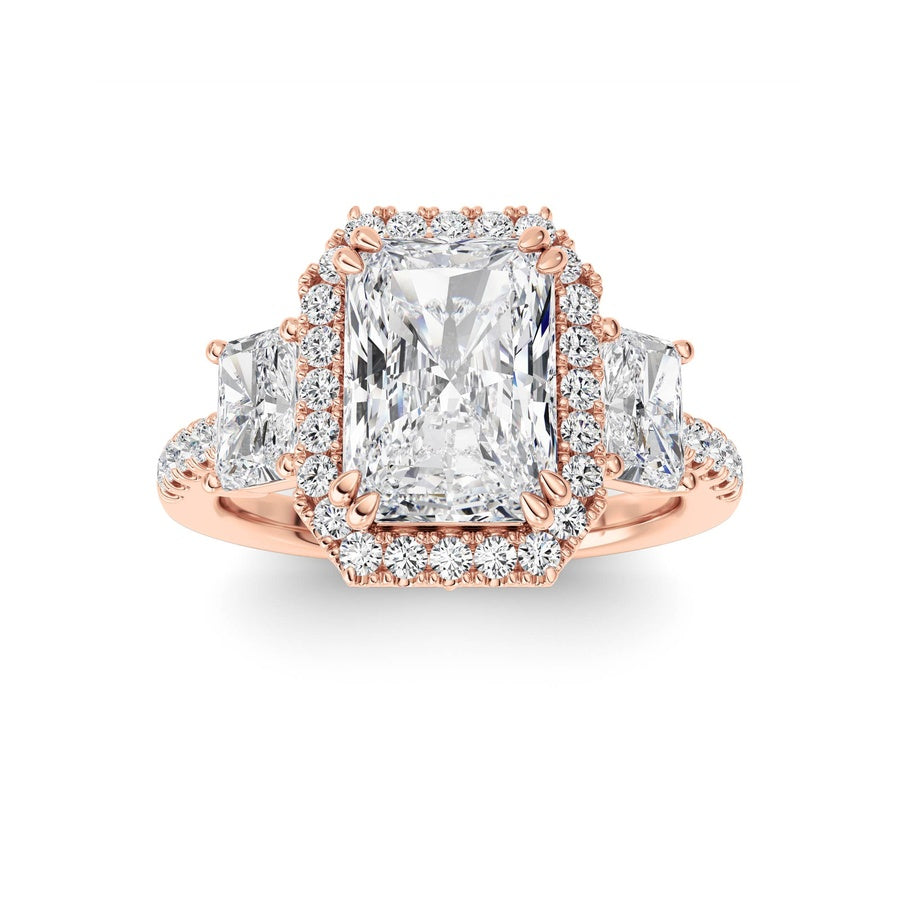 3CTW Radiant Shaped Lab Grown Diamond (F/VS) Accented Three Stone Ring in 14K Gold