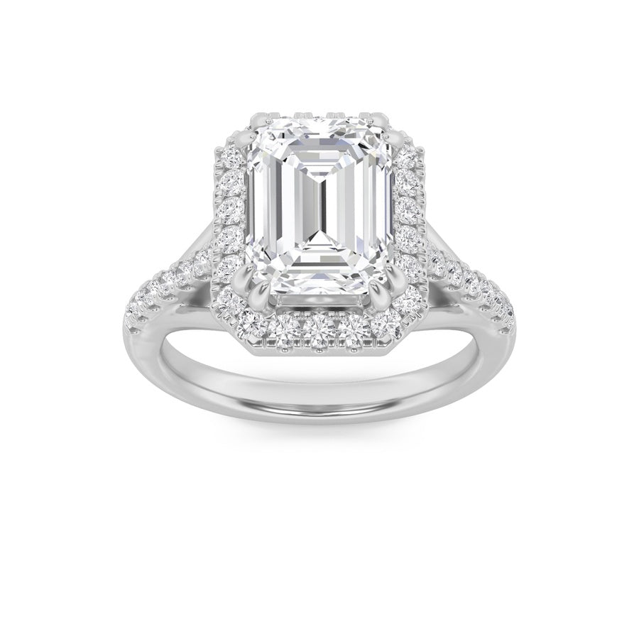 3CTW Emerald Shaped Lab Grown Diamond (F/VS) Halo Accented Engagement Ring in 14K Gold