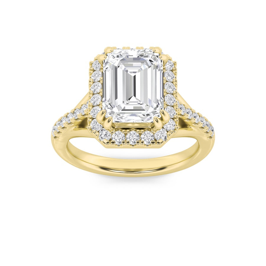 3CTW Emerald Shaped Lab Grown Diamond (F/VS) Halo Accented Engagement Ring in 14K Gold