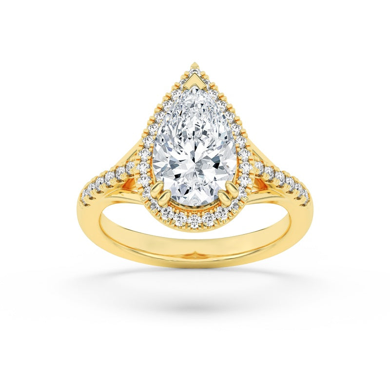 3CTW Pear Shaped Lab Grown Diamond (F/VS) Halo Accented Engagement Ring in 14K Gold