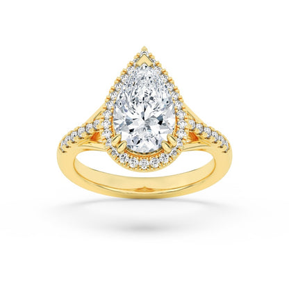 3CTW Pear Shaped Lab Grown Diamond (F/VS) Halo Accented Engagement Ring in 14K Gold