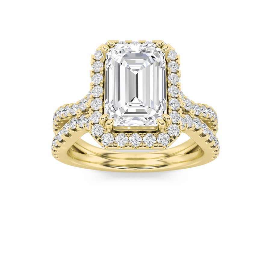 4CTW Emerald Shaped Lab Grown Diamond (F/VS) Split Shank Halo Engagement Ring in 14K Gold