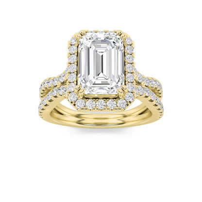 4CTW Emerald Shaped Lab Grown Diamond (F/VS) Split Shank Halo Engagement Ring in 14K Gold