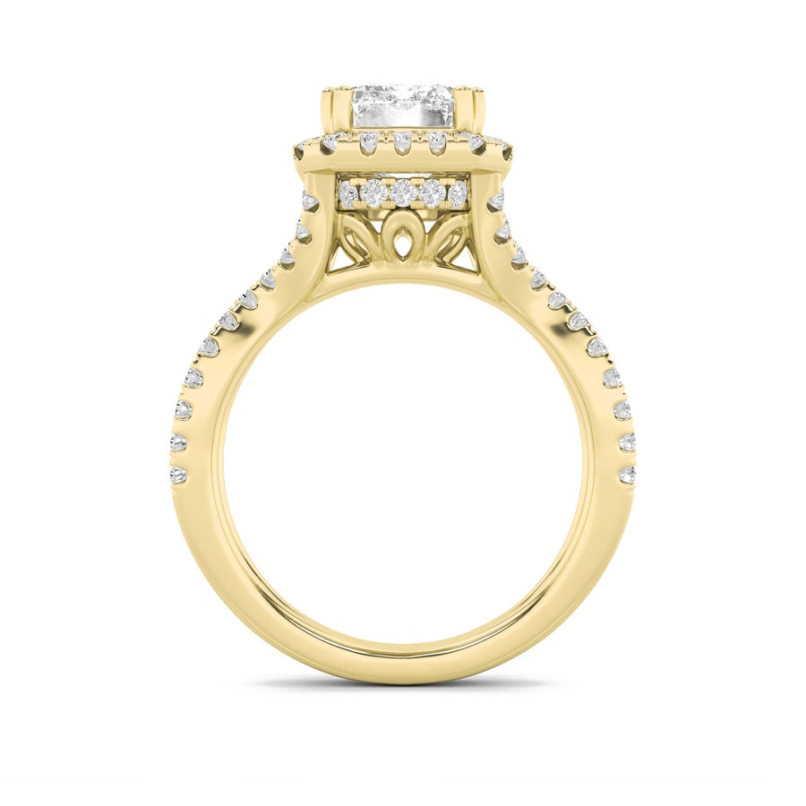 4CTW Emerald Shaped Lab Grown Diamond (F/VS) Split Shank Halo Engagement Ring in 14K Gold