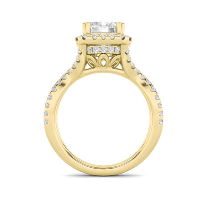 4CTW Emerald Shaped Lab Grown Diamond (F/VS) Split Shank Halo Engagement Ring in 14K Gold