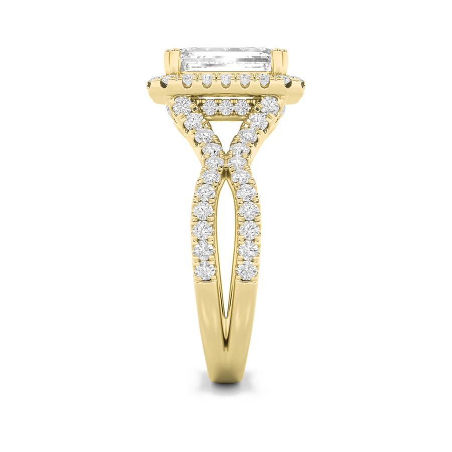 4CTW Emerald Shaped Lab Grown Diamond (F/VS) Split Shank Halo Engagement Ring in 14K Gold
