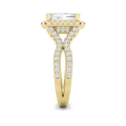 4CTW Emerald Shaped Lab Grown Diamond (F/VS) Split Shank Halo Engagement Ring in 14K Gold
