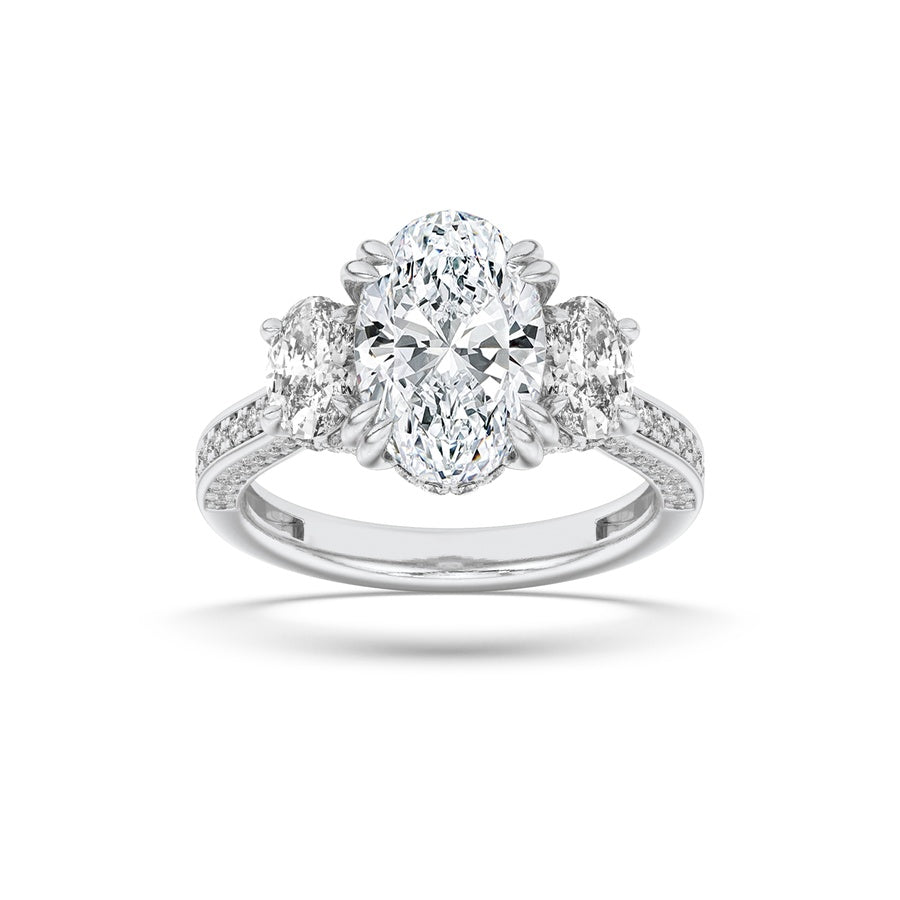 3CTW Oval Shaped Lab Grown Diamond (F/VS) Three Stone Accented Engagement Ring in 14K Gold