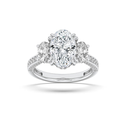 3CTW Oval Shaped Lab Grown Diamond (F/VS) Three Stone Accented Engagement Ring in 14K Gold