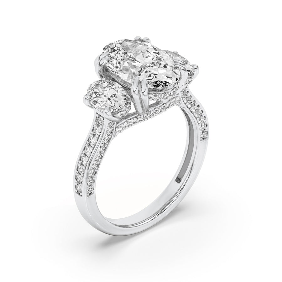 3CTW Oval Shaped Lab Grown Diamond (F/VS) Three Stone Accented Engagement Ring in 14K Gold