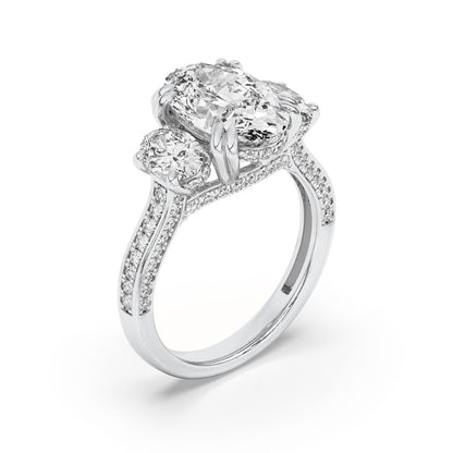 3CTW Oval Shaped Lab Grown Diamond (F/VS) Three Stone Accented Engagement Ring in 14K Gold