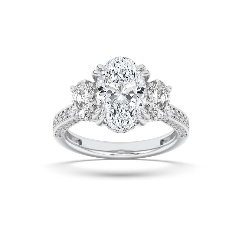 5CTW Oval Shaped Lab Grown Diamond (F/VS) Three Stone Accented Engagement Ring in 14K Gold