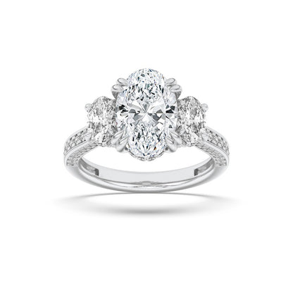 5CTW Oval Shaped Lab Grown Diamond (F/VS) Three Stone Accented Engagement Ring in 14K Gold