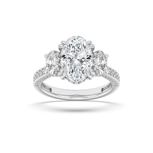 5CTW Oval Shaped Lab Grown Diamond (F/VS) Three Stone Accented Engagement Ring in 14K Gold