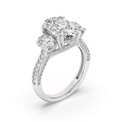 5CTW Oval Shaped Lab Grown Diamond (F/VS) Three Stone Accented Engagement Ring in 14K Gold