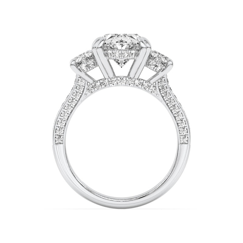 5CTW Oval Shaped Lab Grown Diamond (F/VS) Three Stone Accented Engagement Ring in 14K Gold