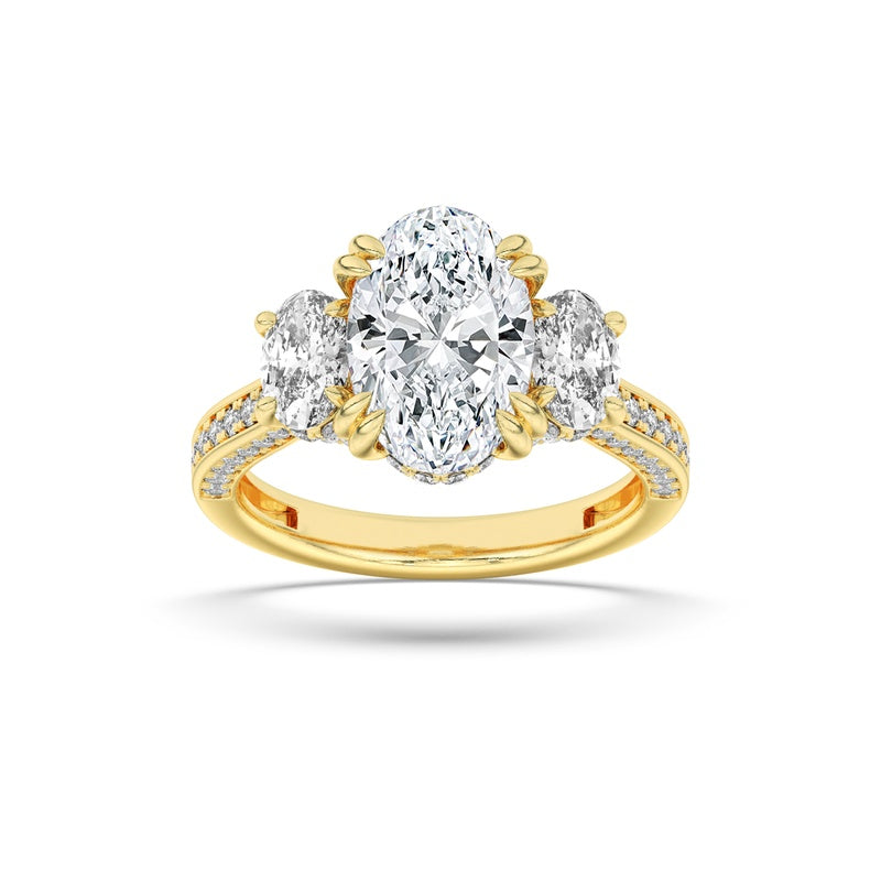 5CTW Oval Shaped Lab Grown Diamond (F/VS) Three Stone Accented Engagement Ring in 14K Gold
