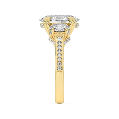 5CTW Oval Shaped Lab Grown Diamond (F/VS) Three Stone Accented Engagement Ring in 14K Gold