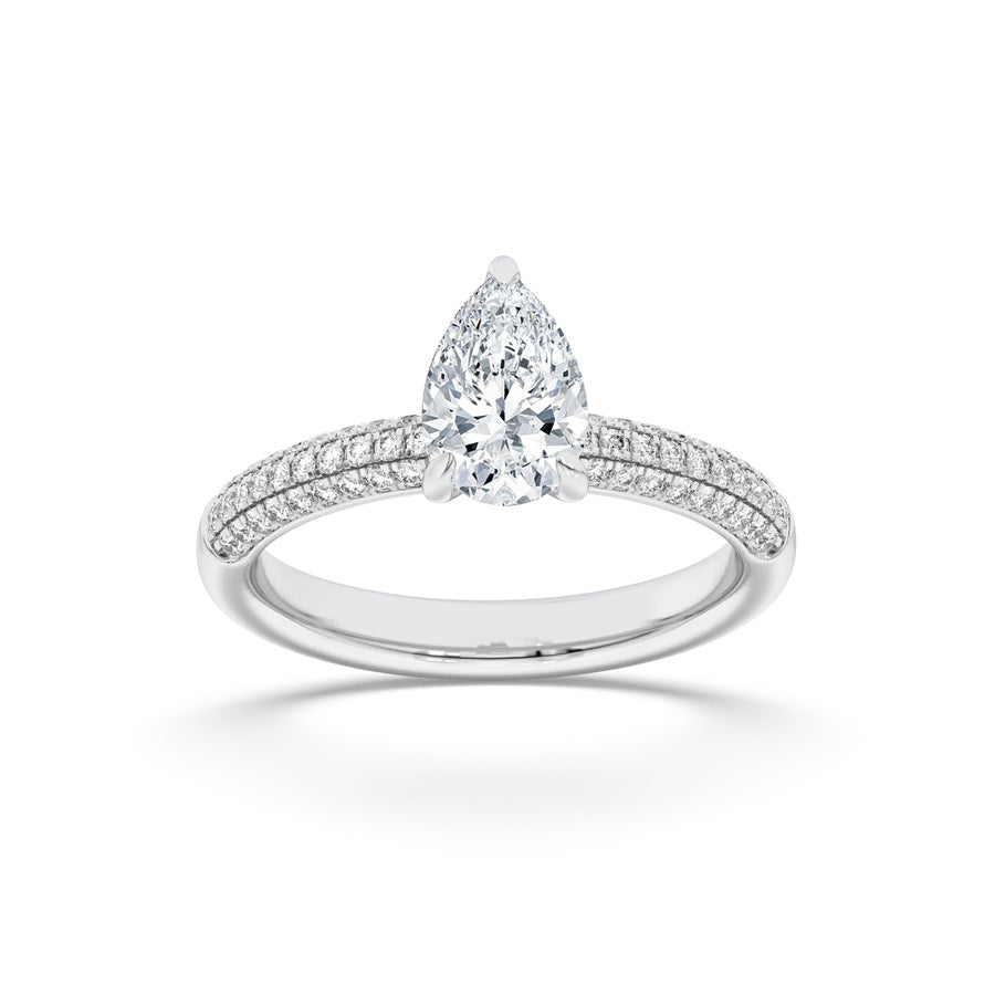 1.5CTW Pear Shaped Lab Grown Diamond (F/VS) Three Row Micro Pave Engagement Ring in 14K Gold