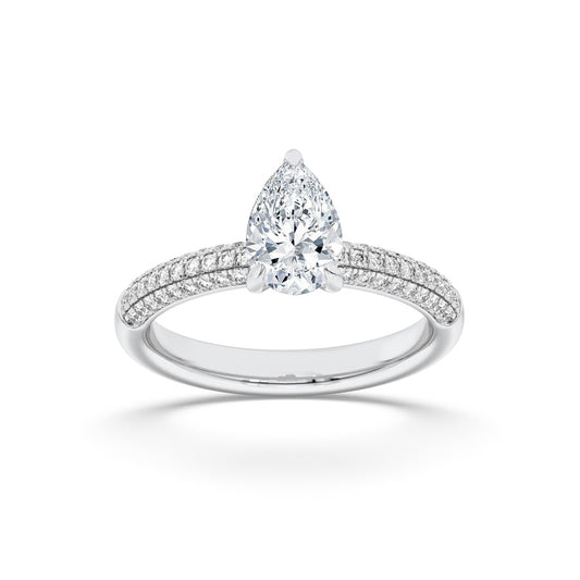 1.5CTW Pear Shaped Lab Grown Diamond (F/VS) Three Row Micro Pave Engagement Ring in 14K Gold