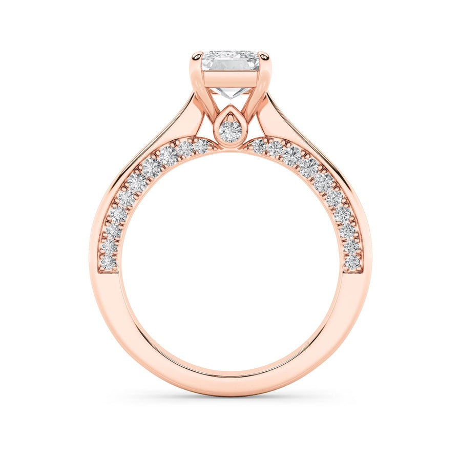 2CTW Emerald Shaped Lab Grown Diamond (G/VS) Accented Bridge Shank Engagement Ring in 14K Gold