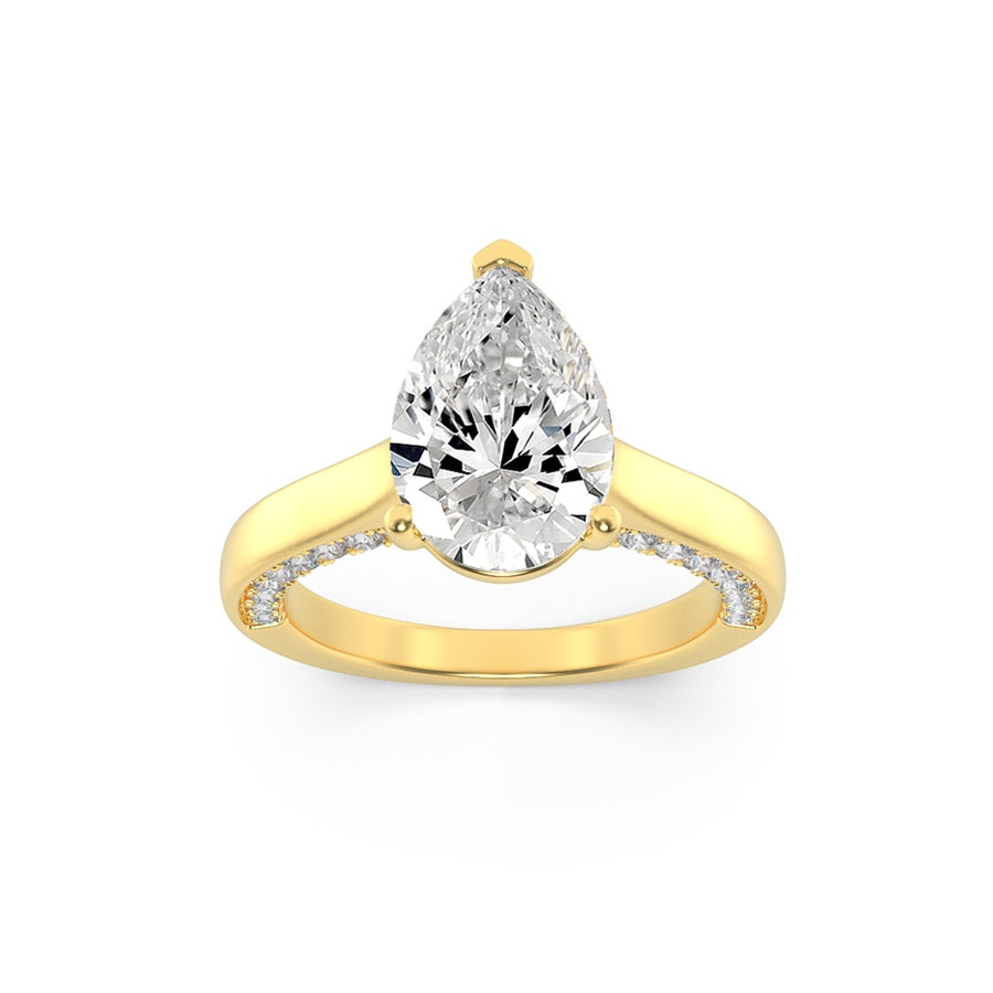 2CTW Pear Shaped Lab Grown Diamond (F/VS) Accented Bridge Shank Engagement Ring in 14K Gold