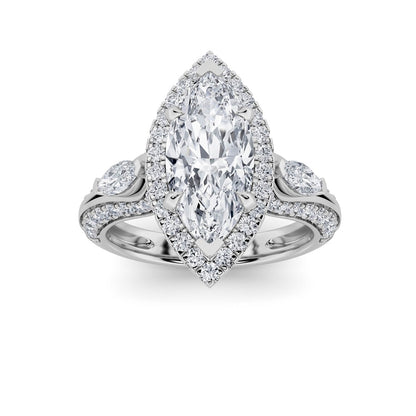 3CTW Marquise Shaped Lab Grown Diamond (F/VS) Three Stone Halo Enagement Ring in 14K Gold