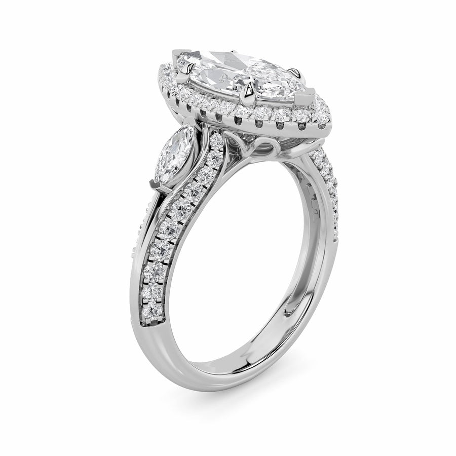 3CTW Marquise Shaped Lab Grown Diamond (F/VS) Three Stone Halo Enagement Ring in 14K Gold