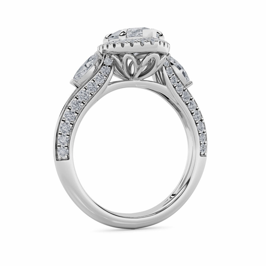 3CTW Marquise Shaped Lab Grown Diamond (F/VS) Three Stone Halo Enagement Ring in 14K Gold