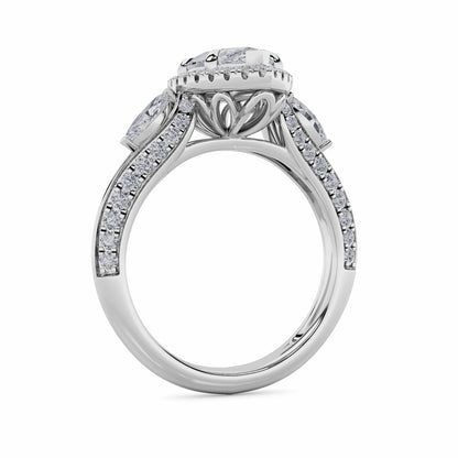 3CTW Marquise Shaped Lab Grown Diamond (F/VS) Three Stone Halo Enagement Ring in 14K Gold