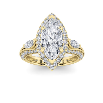 3CTW Marquise Shaped Lab Grown Diamond (F/VS) Three Stone Halo Enagement Ring in 14K Gold